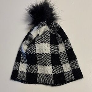 Christian Siriano Black and White Checkered Beanie with Pom Pom